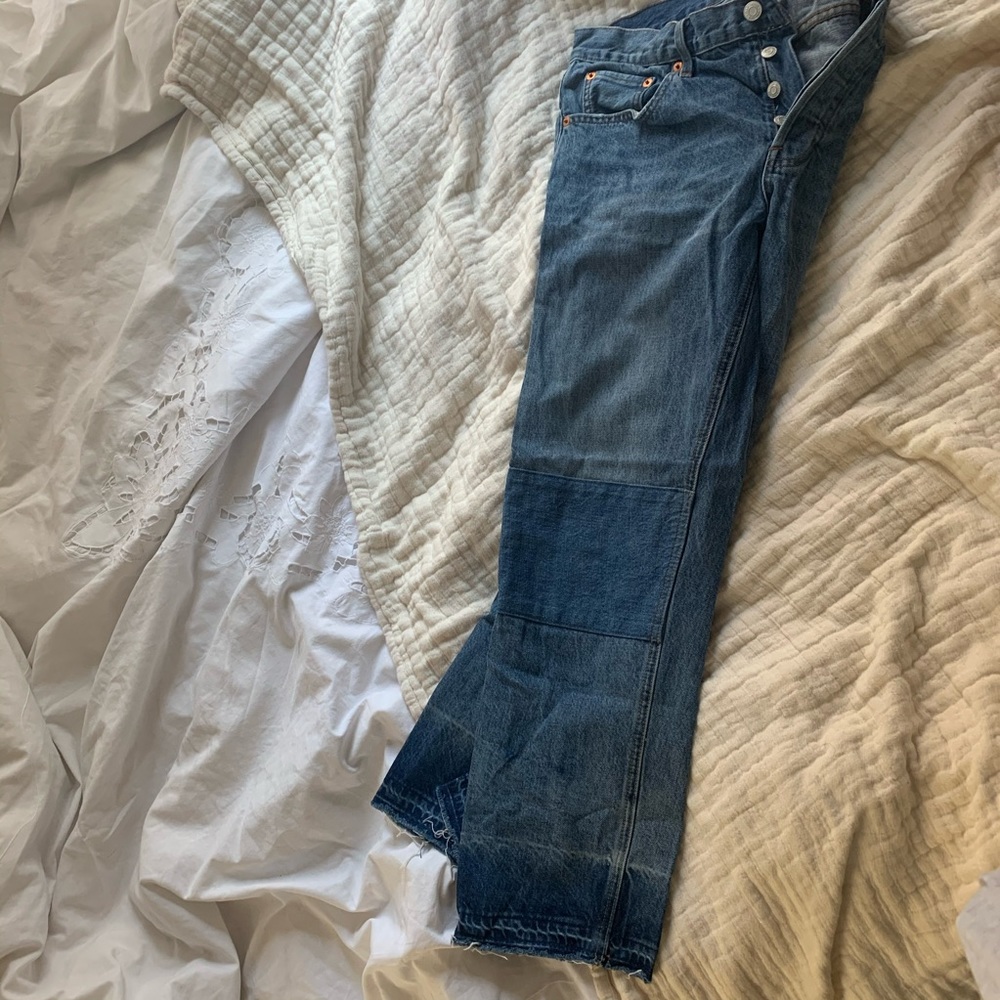 Patchwork distressed denim jeans